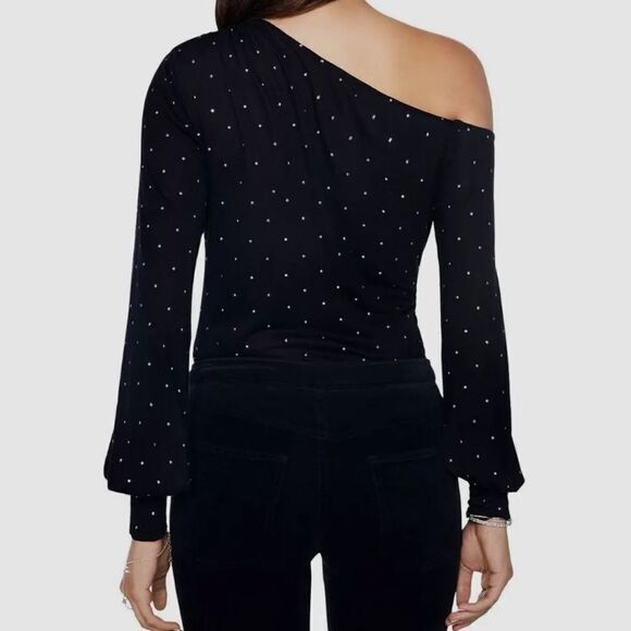 NWT New RAMY BROOK Alice One Shoulder Jersey Dressy Top Black Silver Studs M - Picture 2 of 5